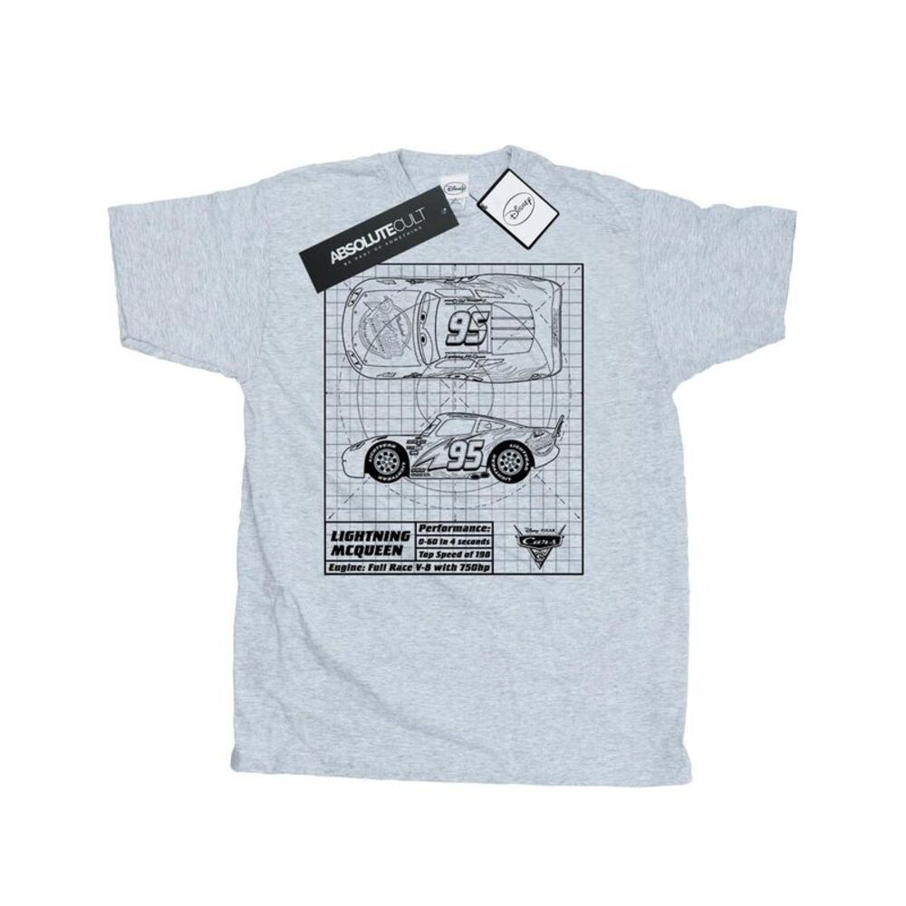 Cars Mens Lightning McQueen Blueprint Cotton T-Shirt / Sports Grey